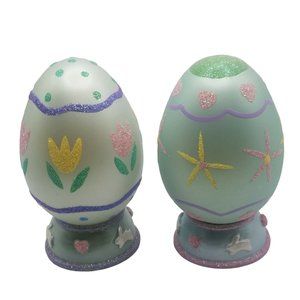 Glass Easter Egg Figurines Decor Tulip Flowers Bunny Hearts Glitter Set Pair